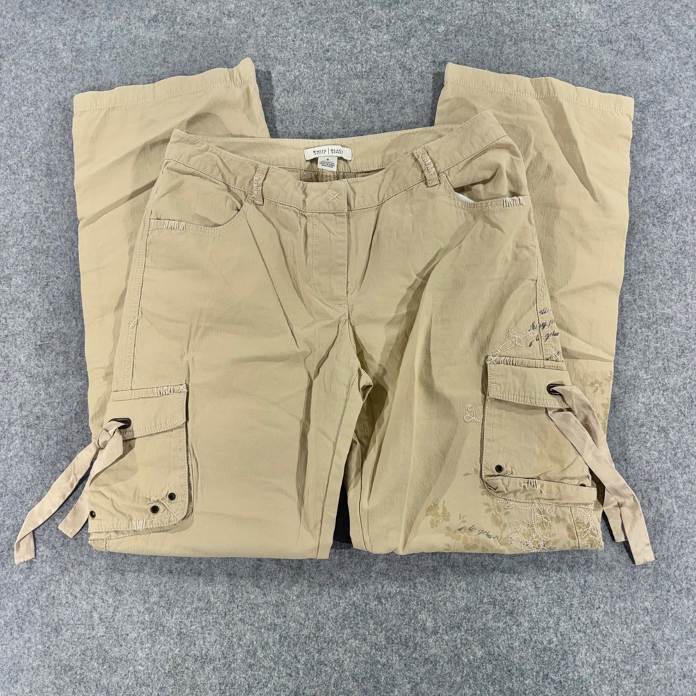 White House Black Market Tan Khaki Cargo Pants Embroidered Floral Y2K Size 8